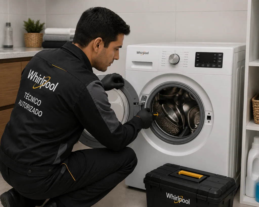 Técnico Whirlpool reparando lavadora en Quito